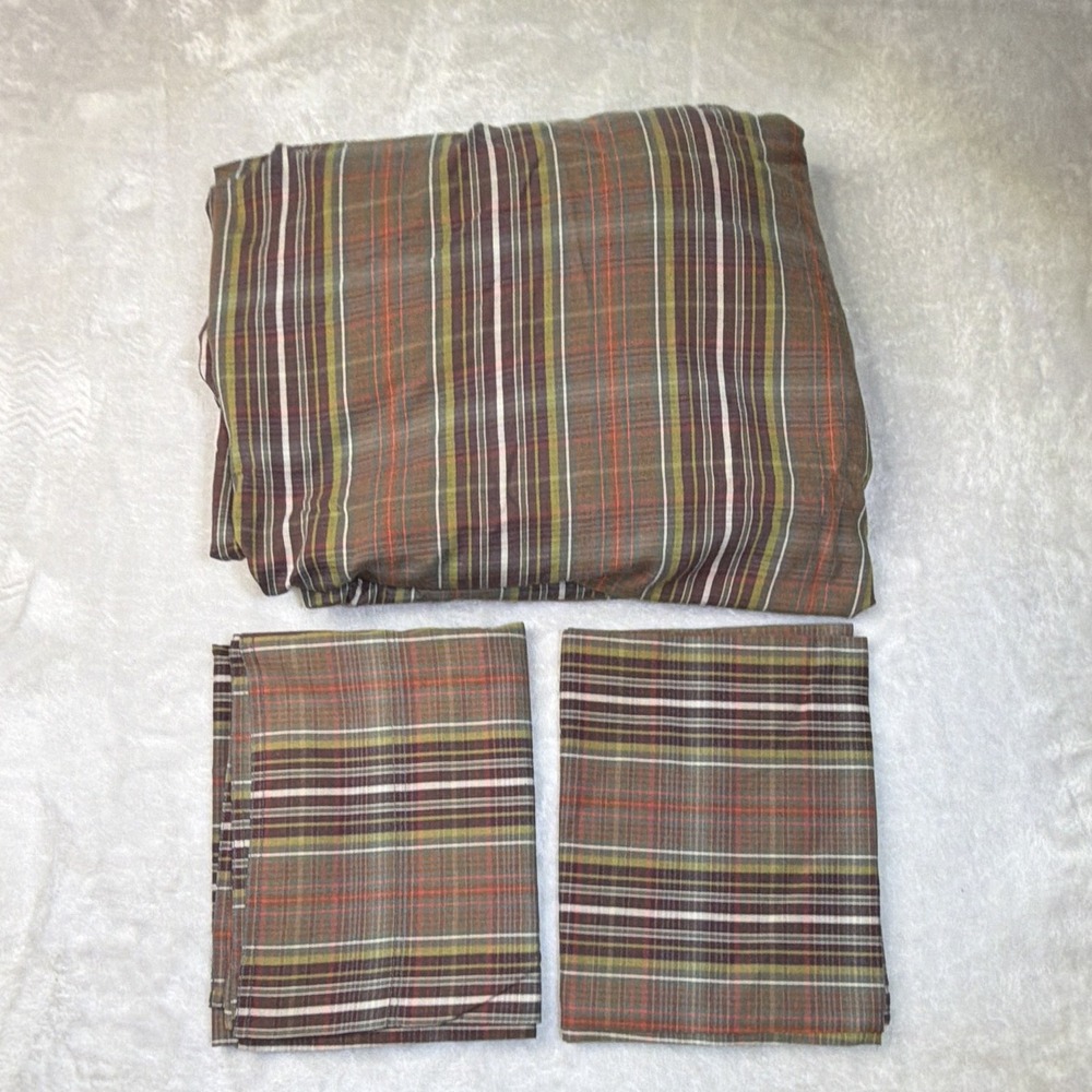 Ralph Lauren Queen Fitted & 2 Pillow Cases 100% Cotton Plaid Pattern Multicolor